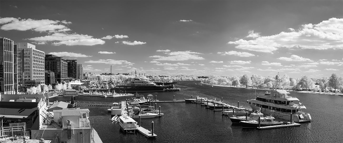 View of the Washington Channel and the Wharf Development from the 14th Street Bridge in Washington DC.